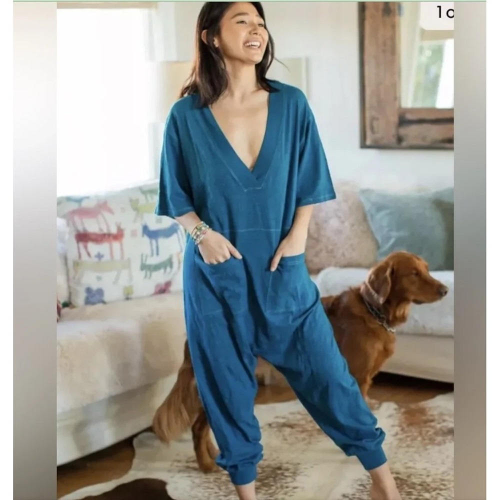Natural Life Jumpsuit‎ Blue Slouchy Harem V-Neck Cotton Women Medium Excellent